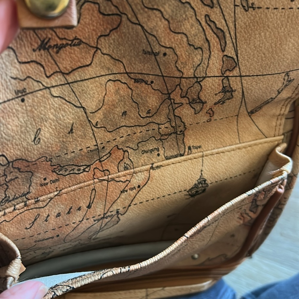 Vintage 90s Antique World Map Backpack Faux Leather 5 Pockets Tan Brown - Picture 7 of 15